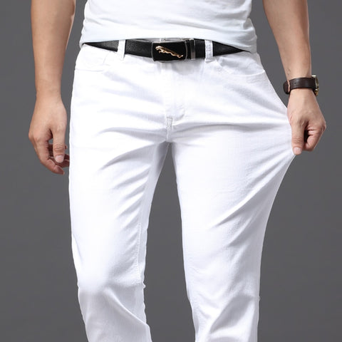 Image of Men's White Jeans Fashion Casual Classic Style Slim Fit Soft Trousers Male Brand Advanced Stretch Pants