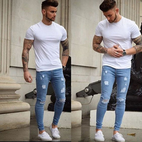 Image of Mens Skinny Stretch Destroyed Frayed Rip Shredded Tight Jeans Plus Size S-3XL