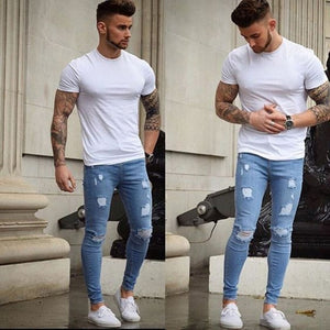 Mens Skinny Stretch Destroyed Frayed Rip Shredded Tight Jeans Plus Size S-3XL